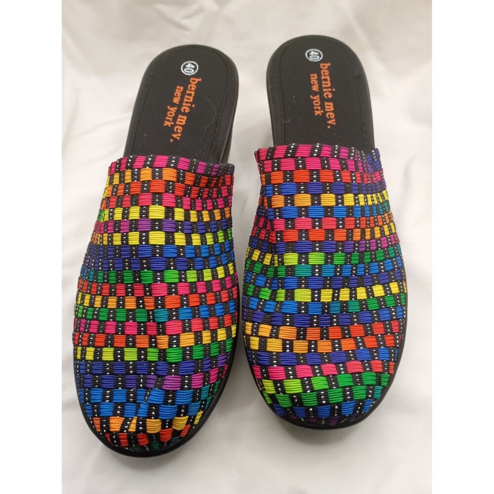 Bernie Mev rainbow multi-color woven elastic platform wedge mules in size EU 40.